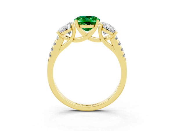 Yellow gold Three-Stone Oval Cut Emerald Ring with Round  Pavé Band and Prong Setting