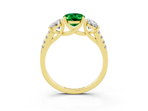 Yellow gold Three-Stone Oval Cut Emerald Ring with Pavé Band and Prong Setting_15