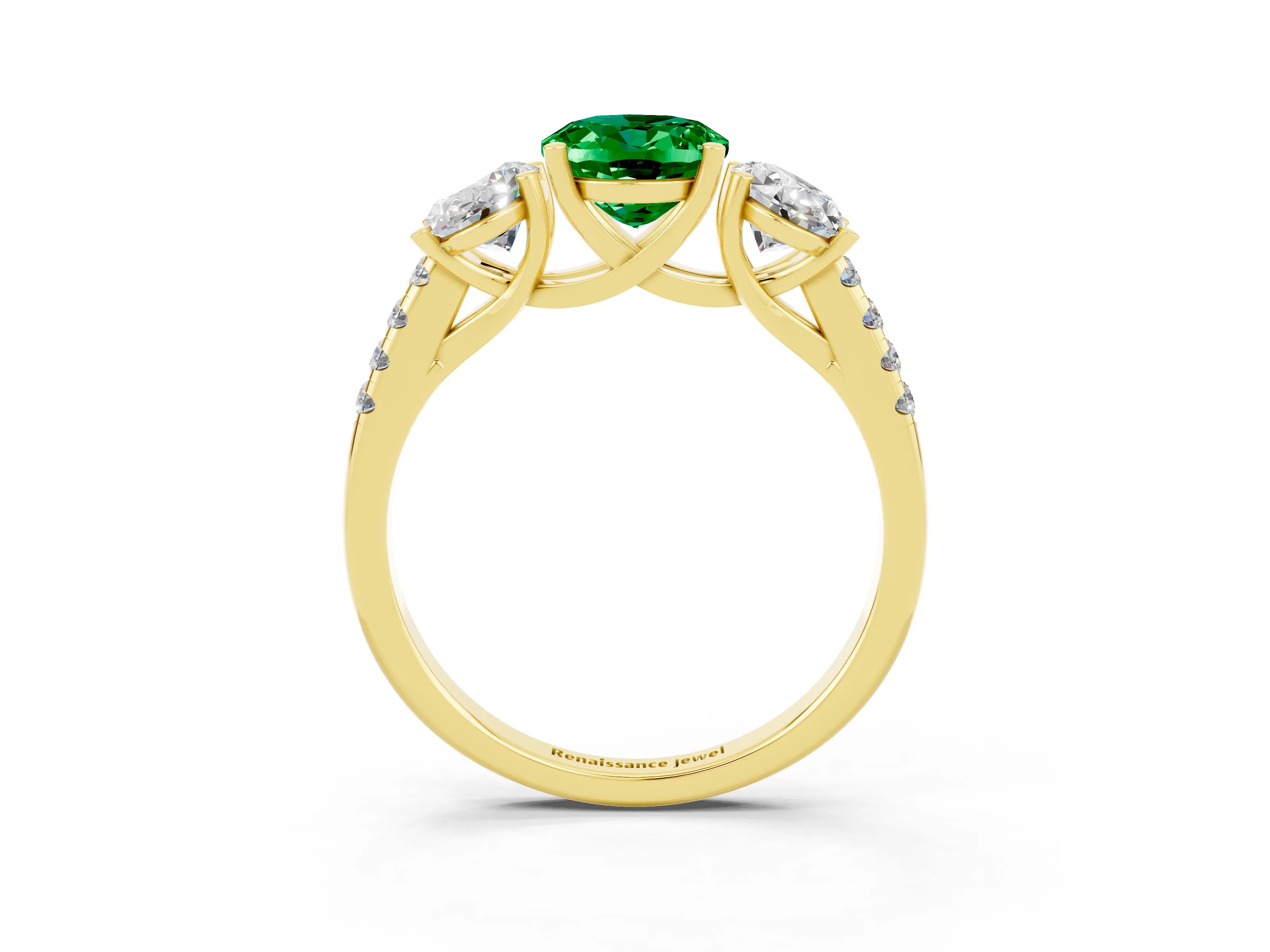Yellow gold Three-Stone Oval Cut Emerald Ring with Pavé Band and Prong Setting_16