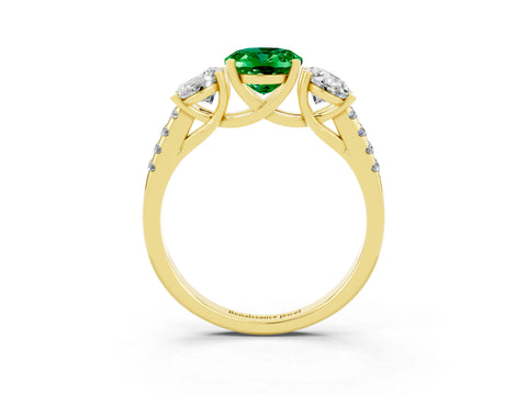Yellow gold Three-Stone Oval Cut Emerald Ring with Pavé Band and Prong Setting_16
