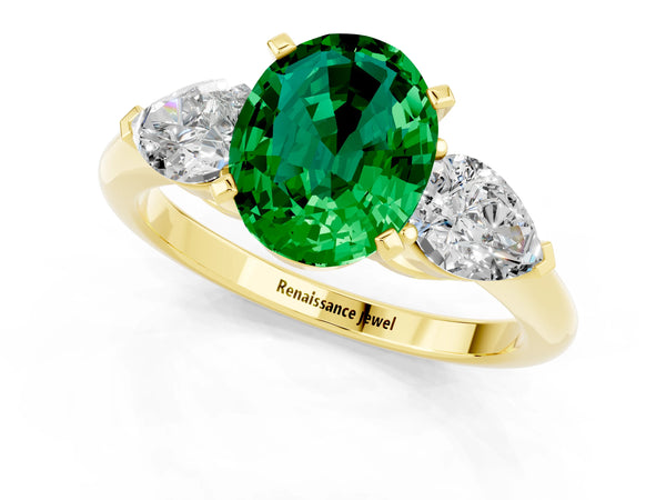 Yellow gold Three-Stone Oval Cut Emerald Ring with Pear Side Stones and Four-Prong Setting