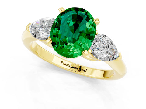 Yellow gold Three-Stone Oval Cut Emerald Ring with Pear Side Stones and Four-Prong Setting_1