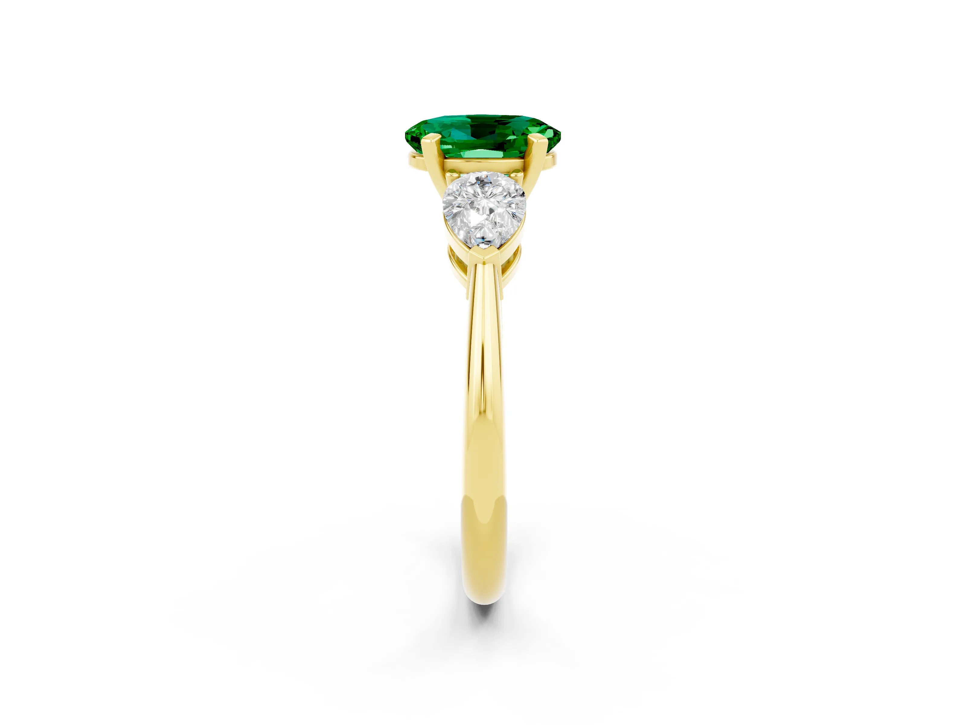 Yellow gold Three-Stone Oval Cut Emerald Ring with Pear Side Stones and Four-Prong Setting_2