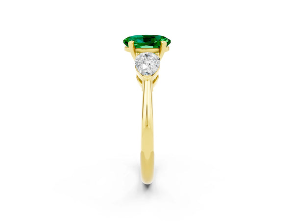 Yellow gold Three-Stone Oval Cut Emerald Ring with Pear Side Stones and Four-Prong Setting