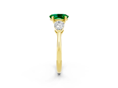 Yellow gold Three-Stone Oval Cut Emerald Ring with Pear Side Stones and Four-Prong Setting_2