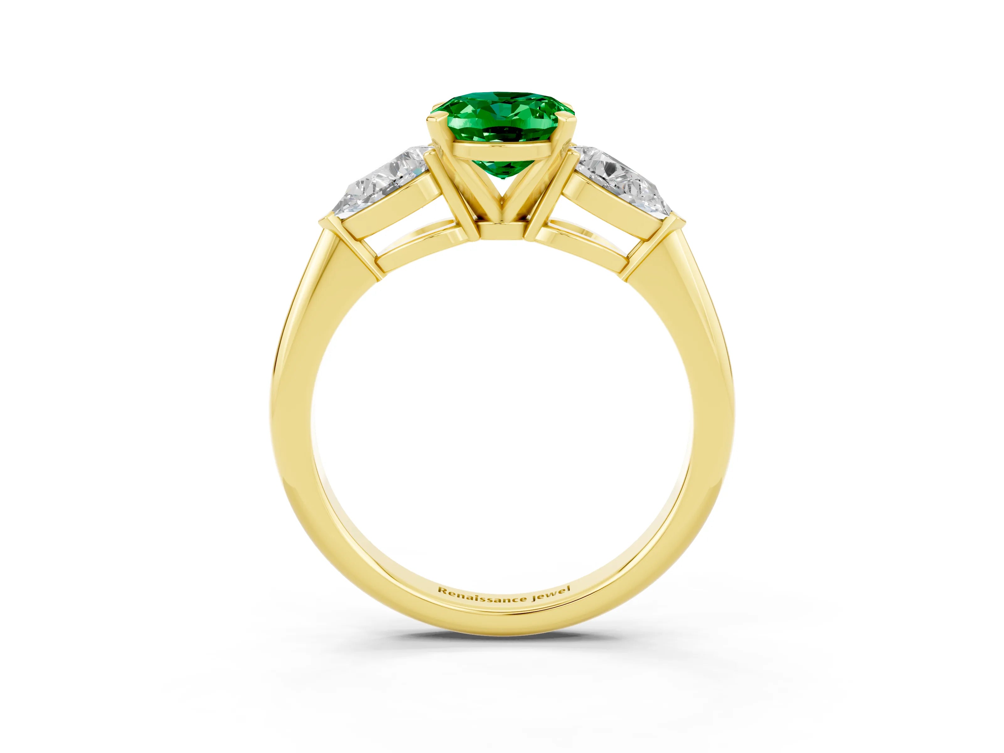 Yellow gold Three-Stone Oval Cut Emerald Ring with Pear Side Stones and Four-Prong Setting_3