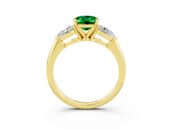 Yellow gold Three-Stone Oval Cut Emerald Ring with Pear Side Stones and Four-Prong Setting