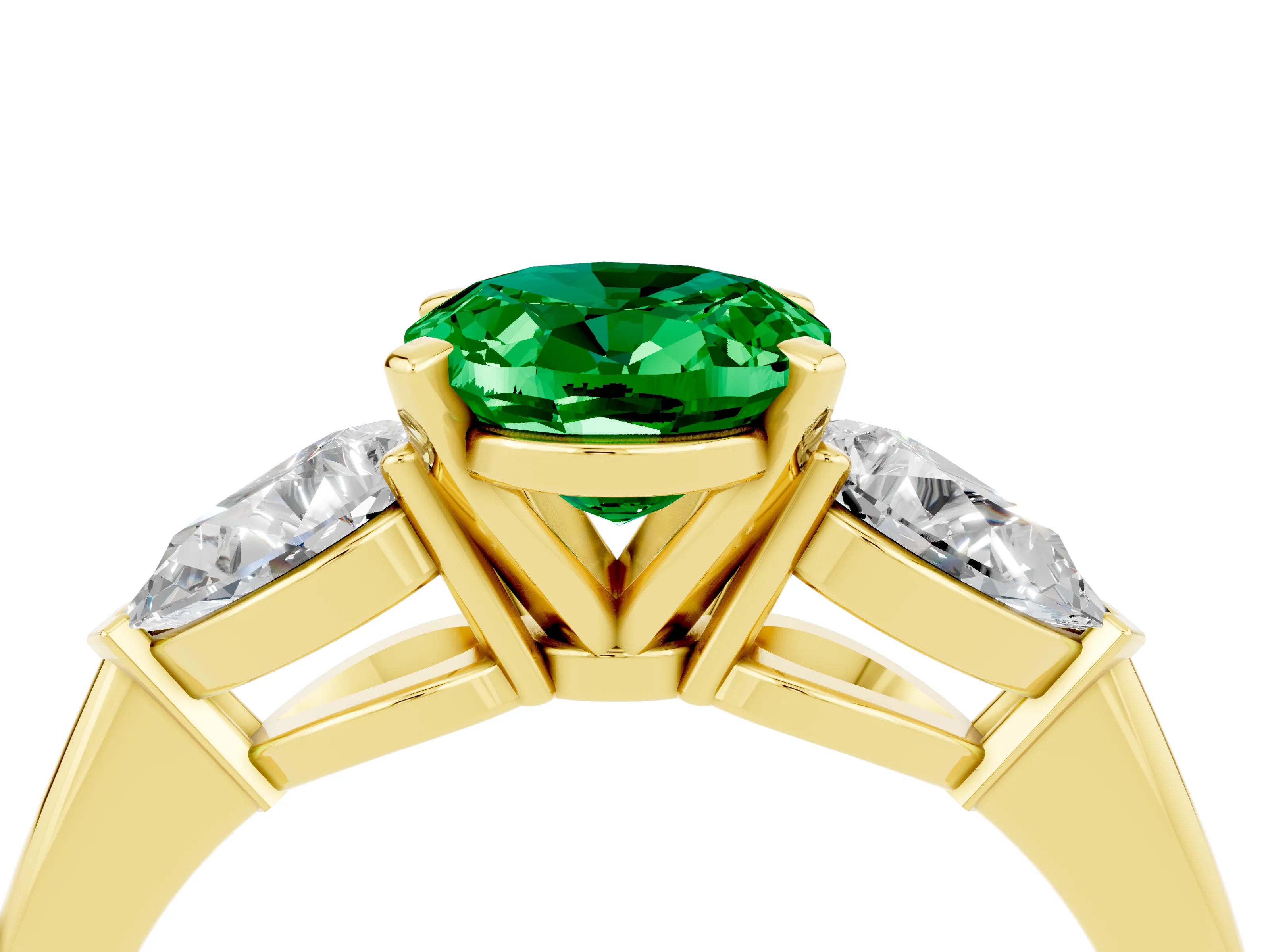 Yellow gold Three-Stone Oval Cut Emerald Ring with Pear Side Stones and Four-Prong Setting_4