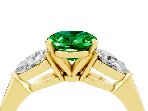 Yellow gold Three-Stone Oval Cut Emerald Ring with Pear Side Stones and Four-Prong Setting_4