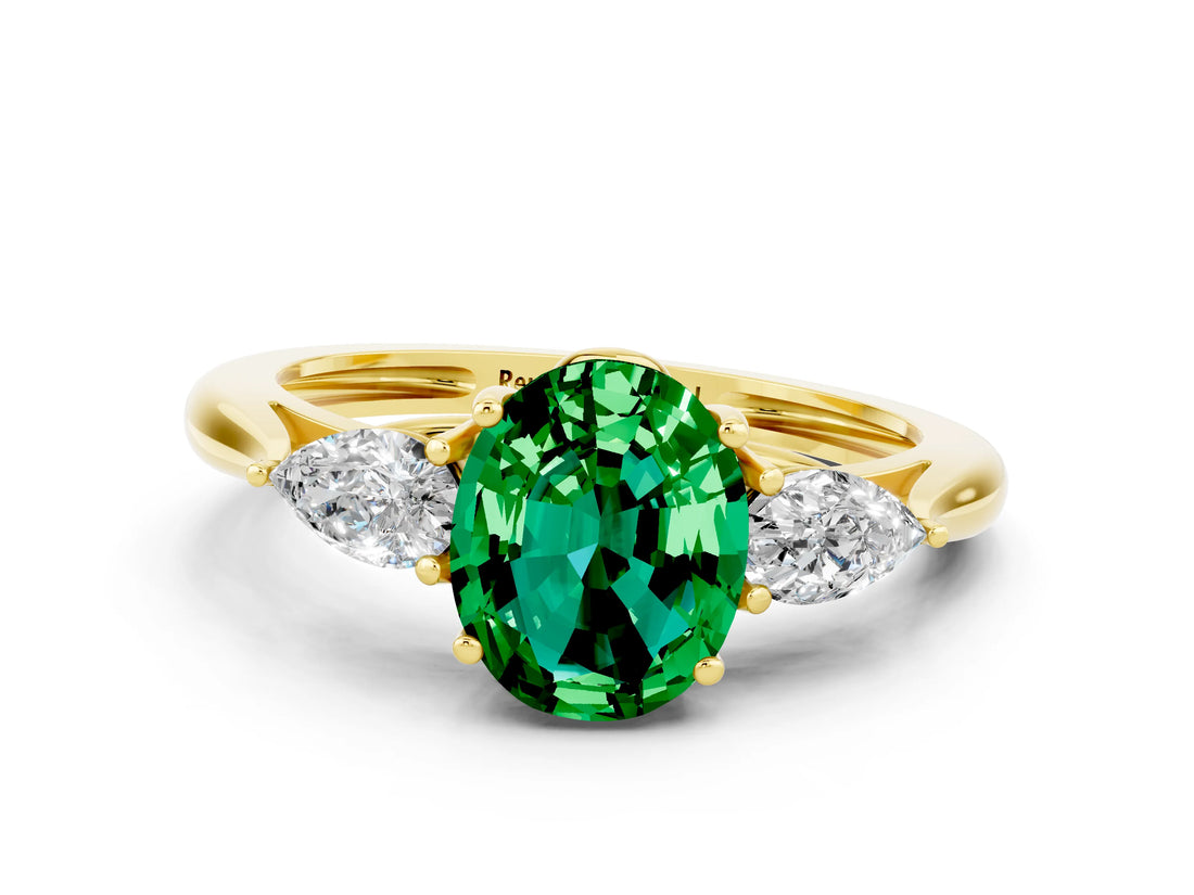 Yellow gold Three-Stone Oval Cut Emerald Ring with Pear  Side Stones in Four-Prong Setting_12