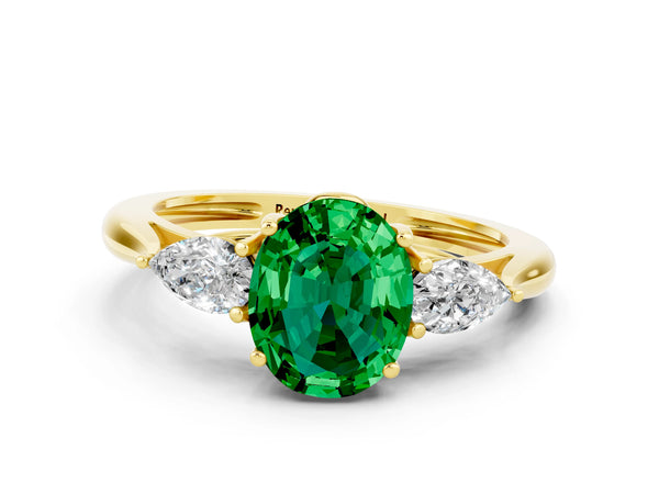 Yellow gold Three-Stone Oval Cut Emerald Ring with Pear  Side Stones in Four-Prong Setting