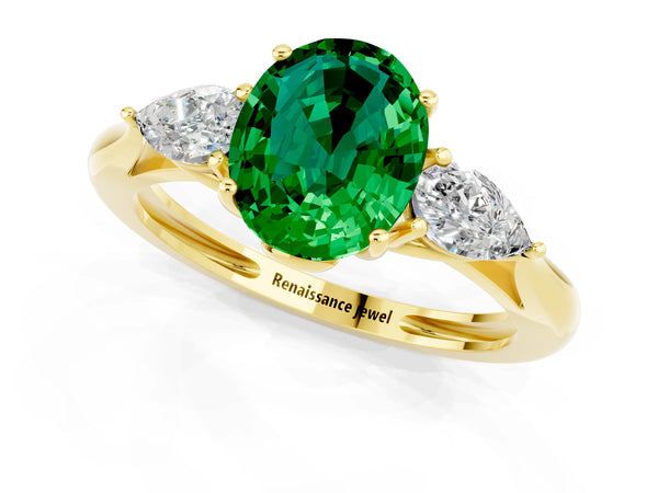 Yellow gold Three-Stone Oval Cut Emerald Ring with Pear  Side Stones in Four-Prong Setting