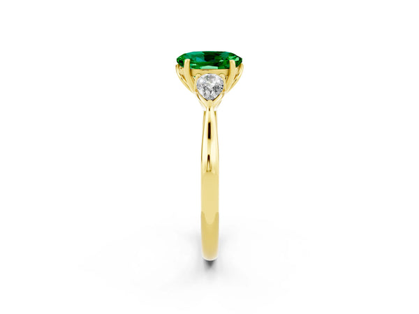 Yellow gold Three-Stone Oval Cut Emerald Ring with Pear  Side Stones in Four-Prong Setting