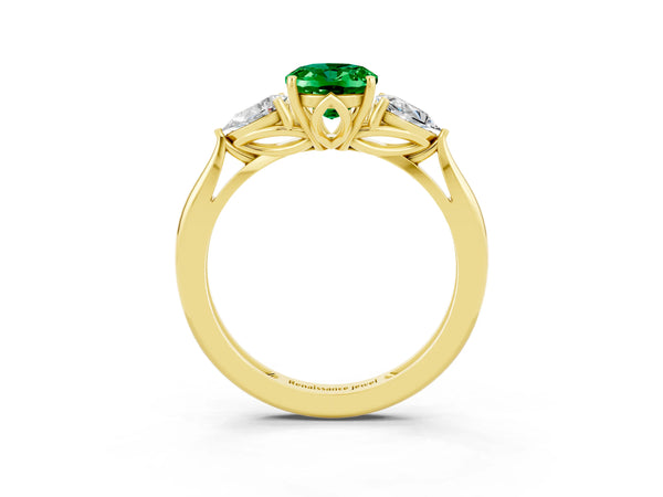 Yellow gold Three-Stone Oval Cut Emerald Ring with Pear  Side Stones in Four-Prong Setting