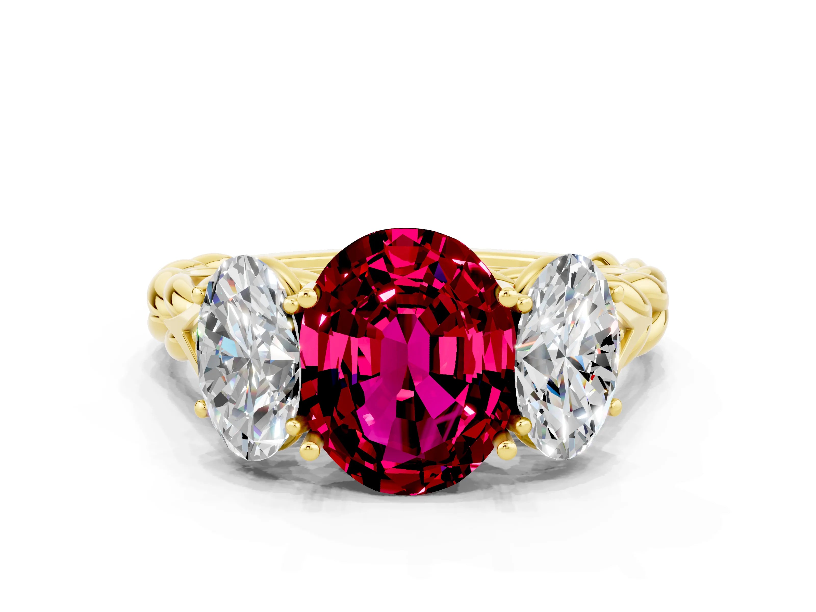 Yellow gold Three-Stone Oval Cut Garnet Braided Band Ring with Four-Prong Setting_12