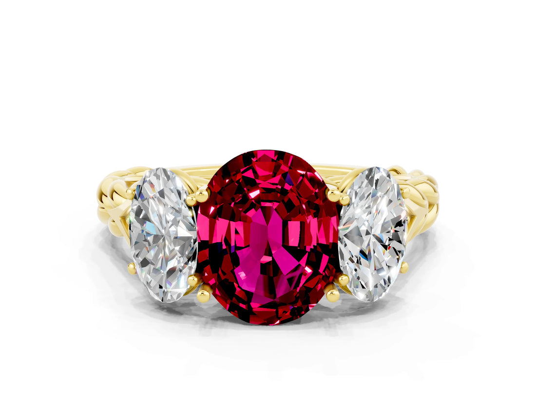 Yellow gold Three-Stone Oval Cut Garnet Braided Band Ring with Four-Prong Setting_12