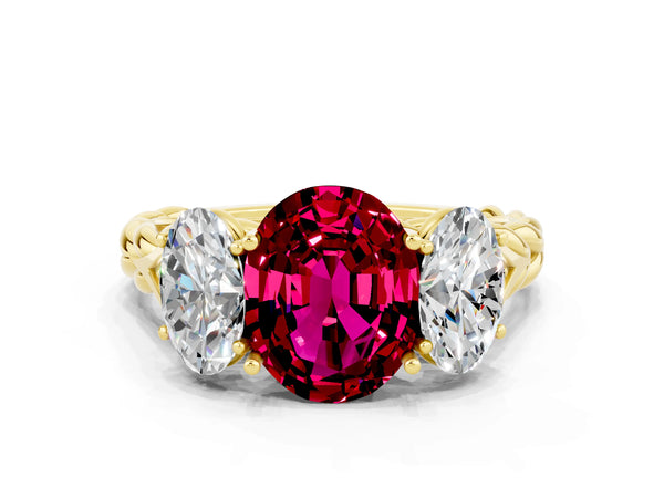 Yellow gold Three-Stone Oval Cut Garnet Braided Band Ring with Four-Prong Setting