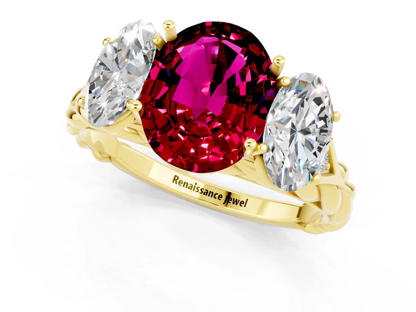 Yellow gold Three-Stone Oval Cut Garnet Braided Band Ring with Four-Prong Setting