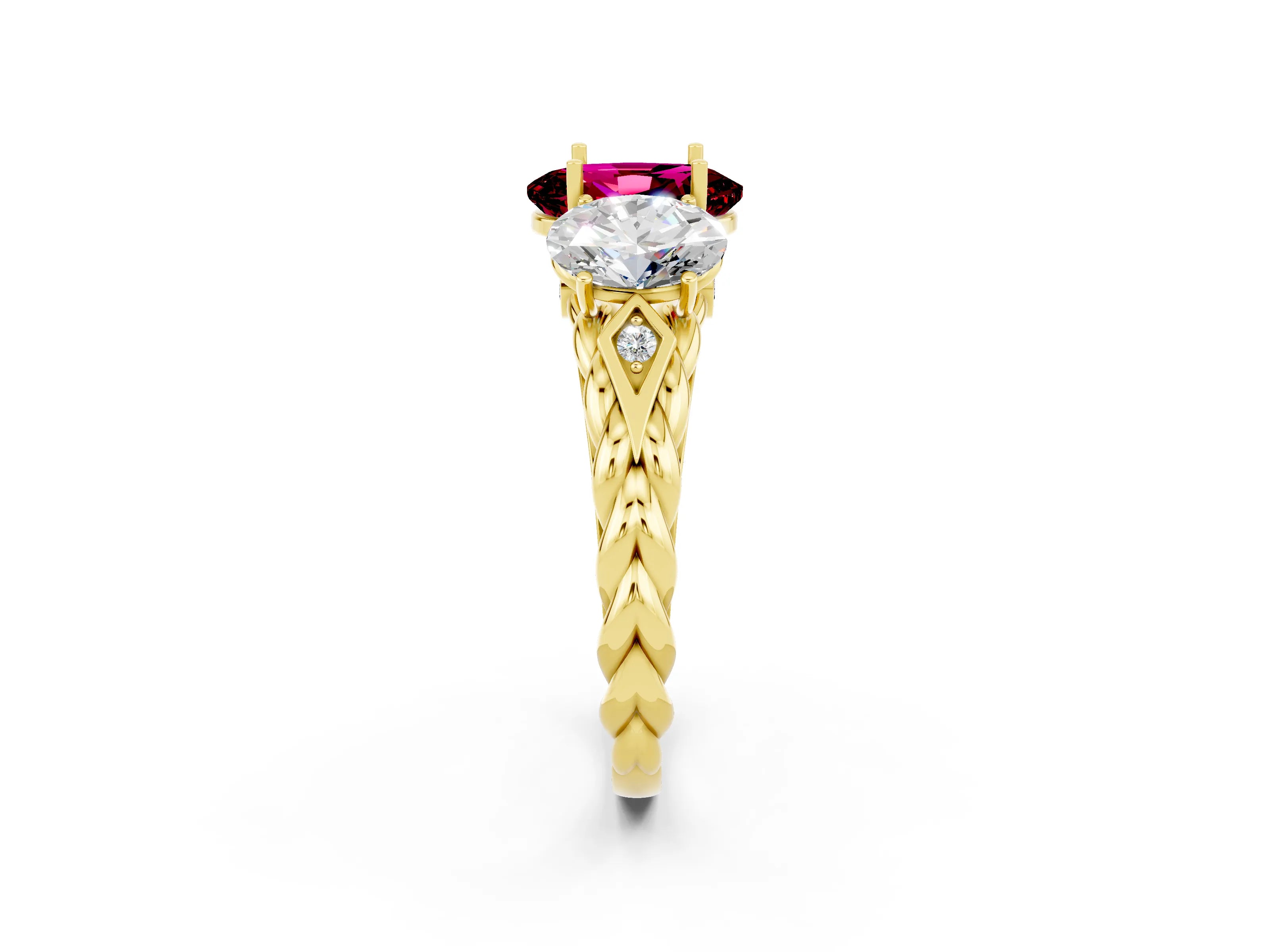 Yellow gold Three-Stone Oval Cut Garnet Braided Band Ring with Four-Prong Setting_14