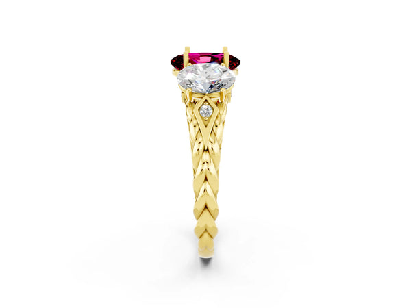 Yellow gold Three-Stone Oval Cut Garnet Braided Band Ring with Four-Prong Setting