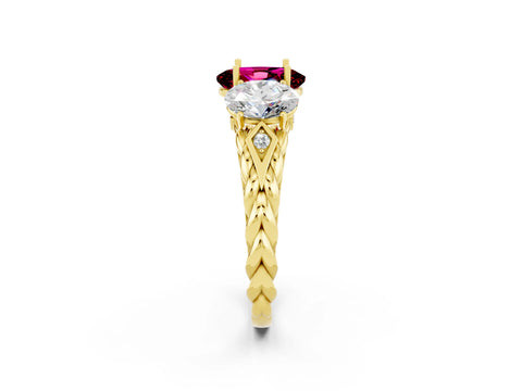 Yellow gold Three-Stone Oval Cut Garnet Braided Band Ring with Four-Prong Setting_14