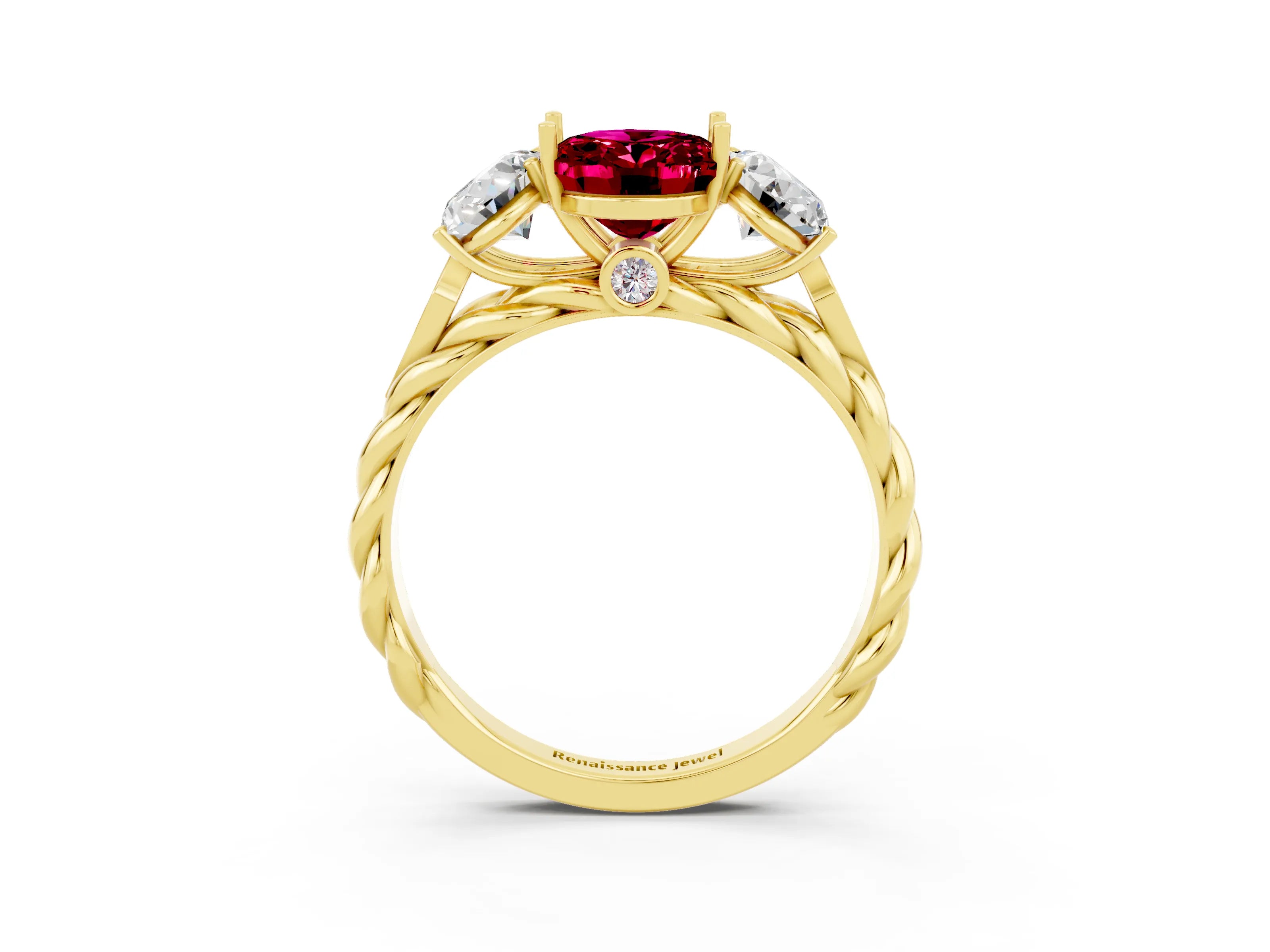 Yellow gold Three-Stone Oval Cut Garnet Braided Band Ring with Four-Prong Setting_15