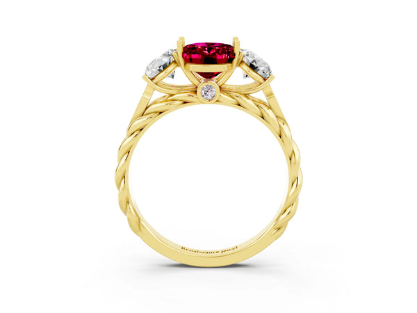 Yellow gold Three-Stone Oval Cut Garnet Braided Band Ring with Four-Prong Setting