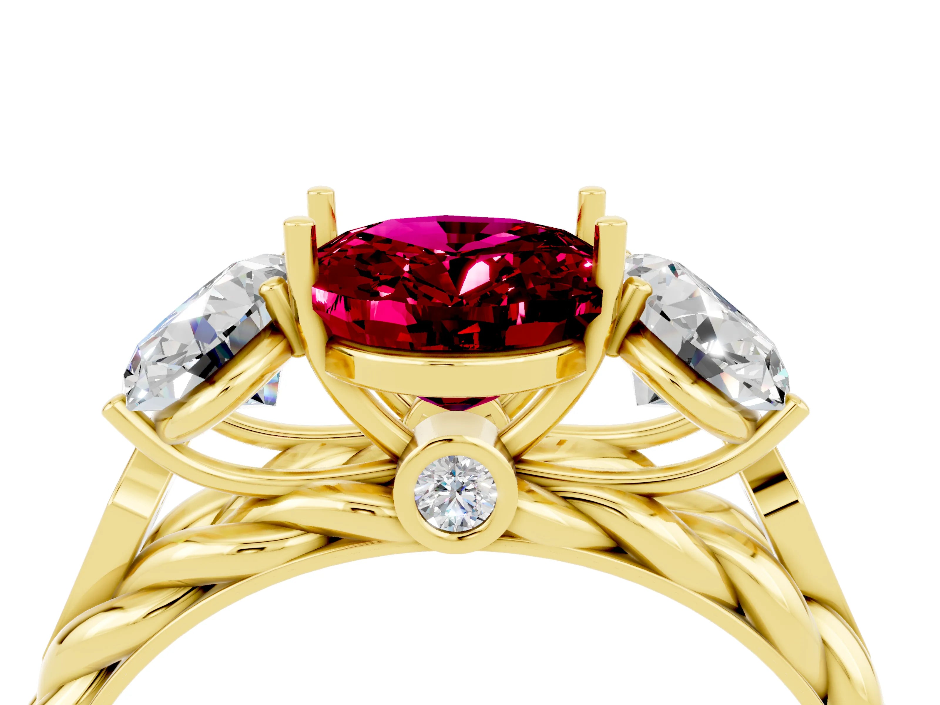 Yellow gold Three-Stone Oval Cut Garnet Braided Band Ring with Four-Prong Setting_16