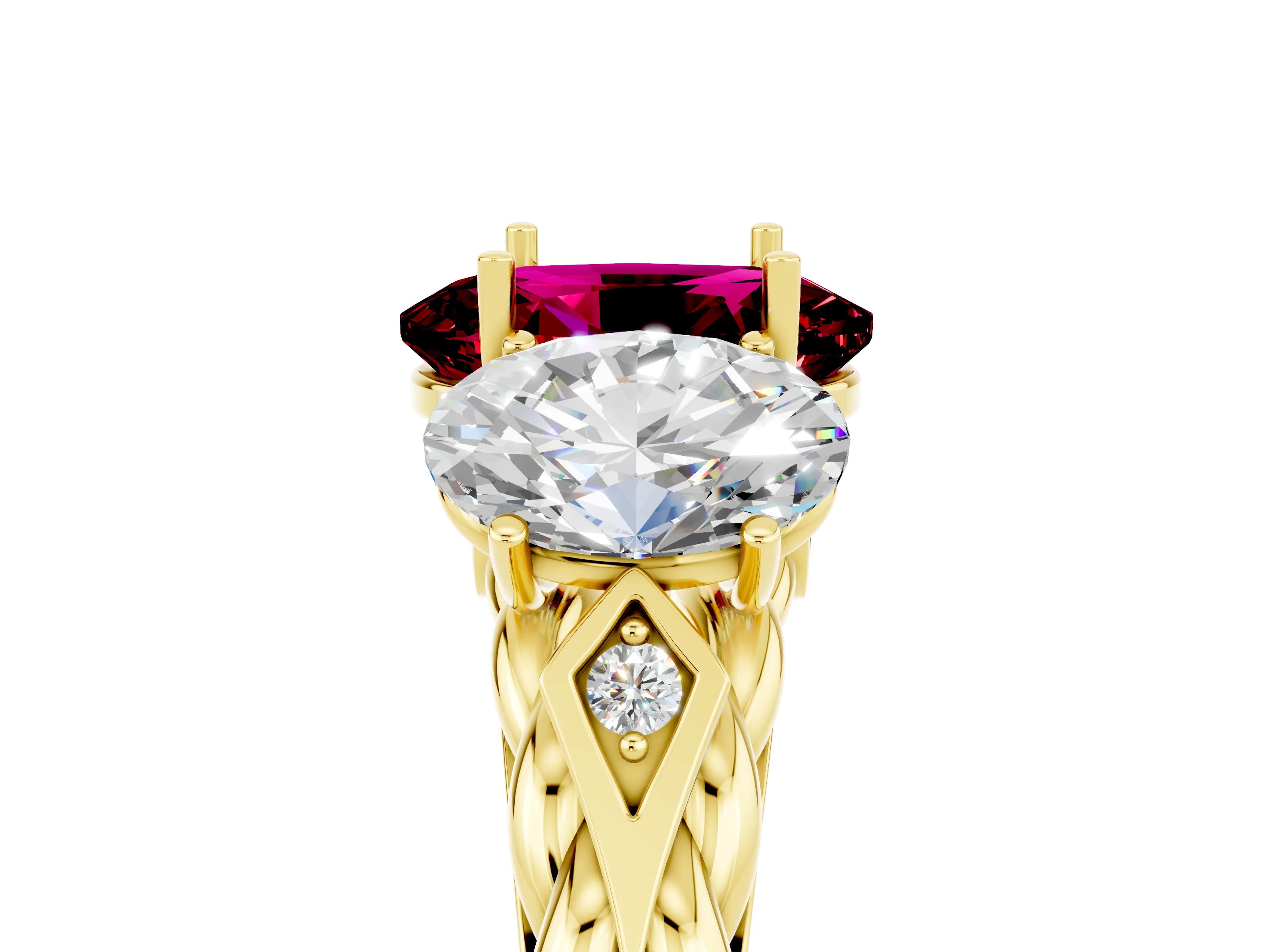 Yellow gold Three-Stone Oval Cut Garnet Braided Band Ring with Four-Prong Setting_17