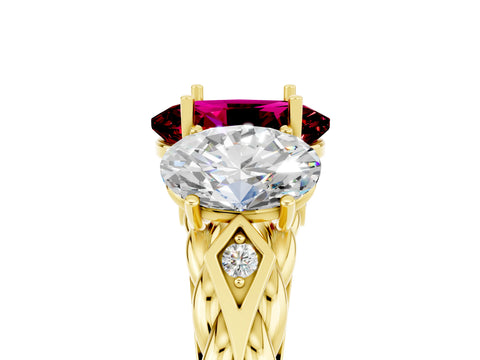 Yellow gold Three-Stone Oval Cut Garnet Braided Band Ring with Four-Prong Setting_17