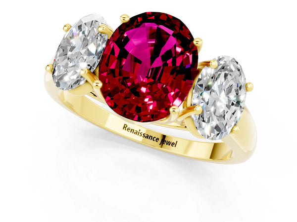 Yellow gold Three-Stone Oval Cut Garnet Engagement Ring with Prong Setting