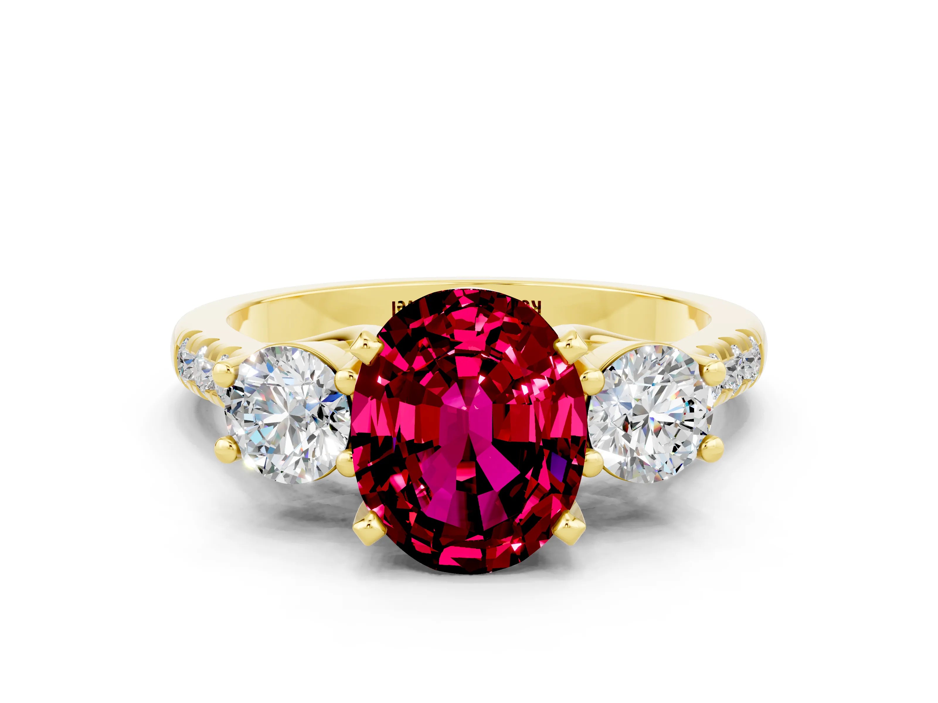 Yellow gold Three-Stone Oval Cut Garnet Pavé Band with Four-Prong Setting