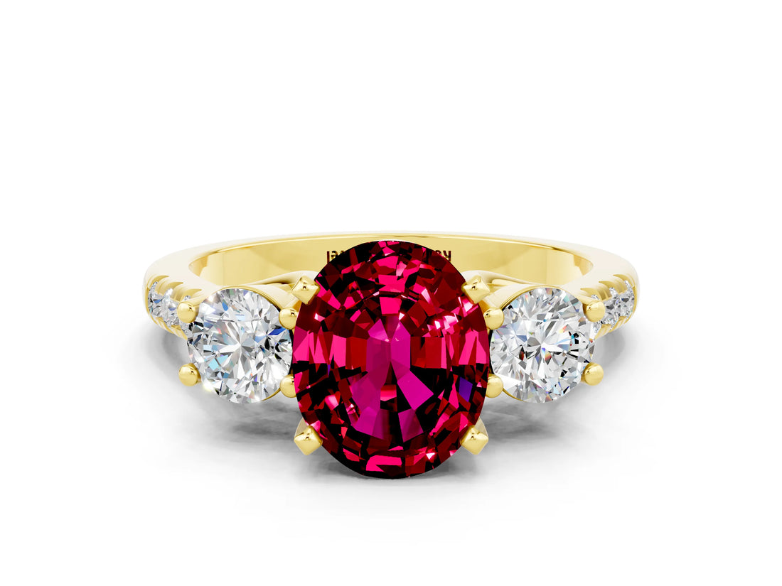 Yellow gold Three-Stone Oval Cut Garnet Pavé Band with Four-Prong Setting