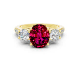 Yellow gold Three-Stone Oval Cut Garnet Pavé Band with Four-Prong Setting