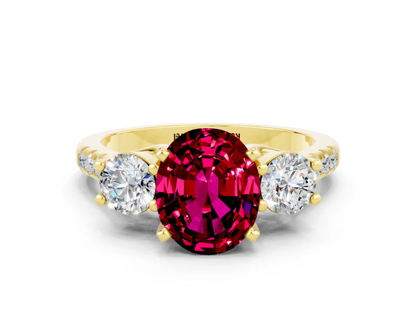 Yellow gold Three-Stone Oval Cut Garnet Pavé Band with Four-Prong Setting