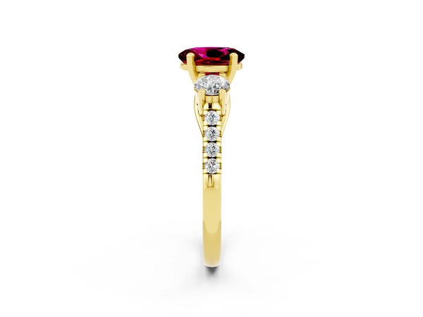 Yellow gold Three-Stone Oval Cut Garnet Pavé Band with Four-Prong Setting