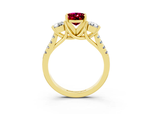 Yellow gold Three-Stone Oval Cut Garnet Pavé Band with Four-Prong Setting
