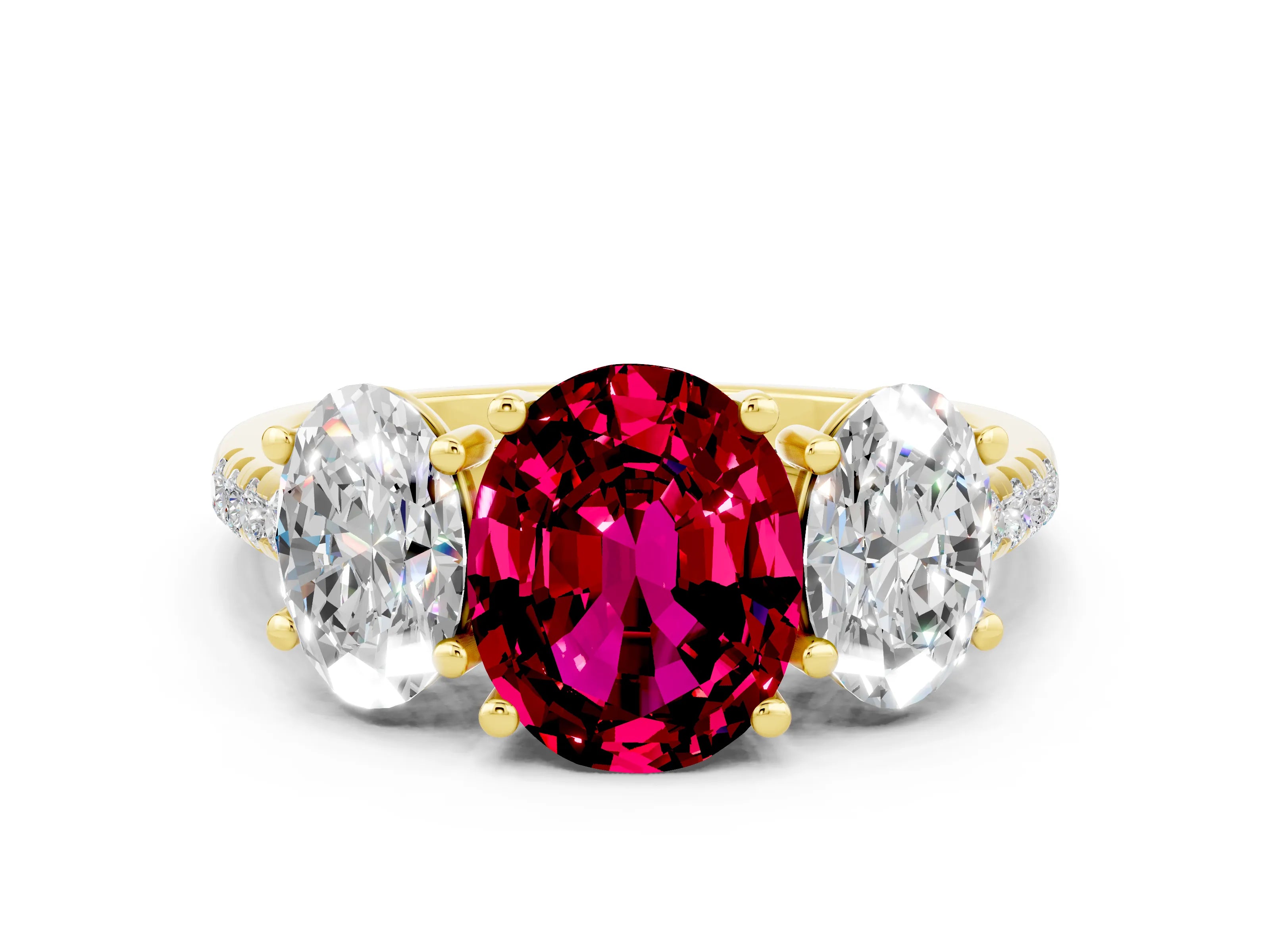 Yellow gold Three-Stone Oval Cut Garnet Ring with Pavé Band and Prong Setting_12