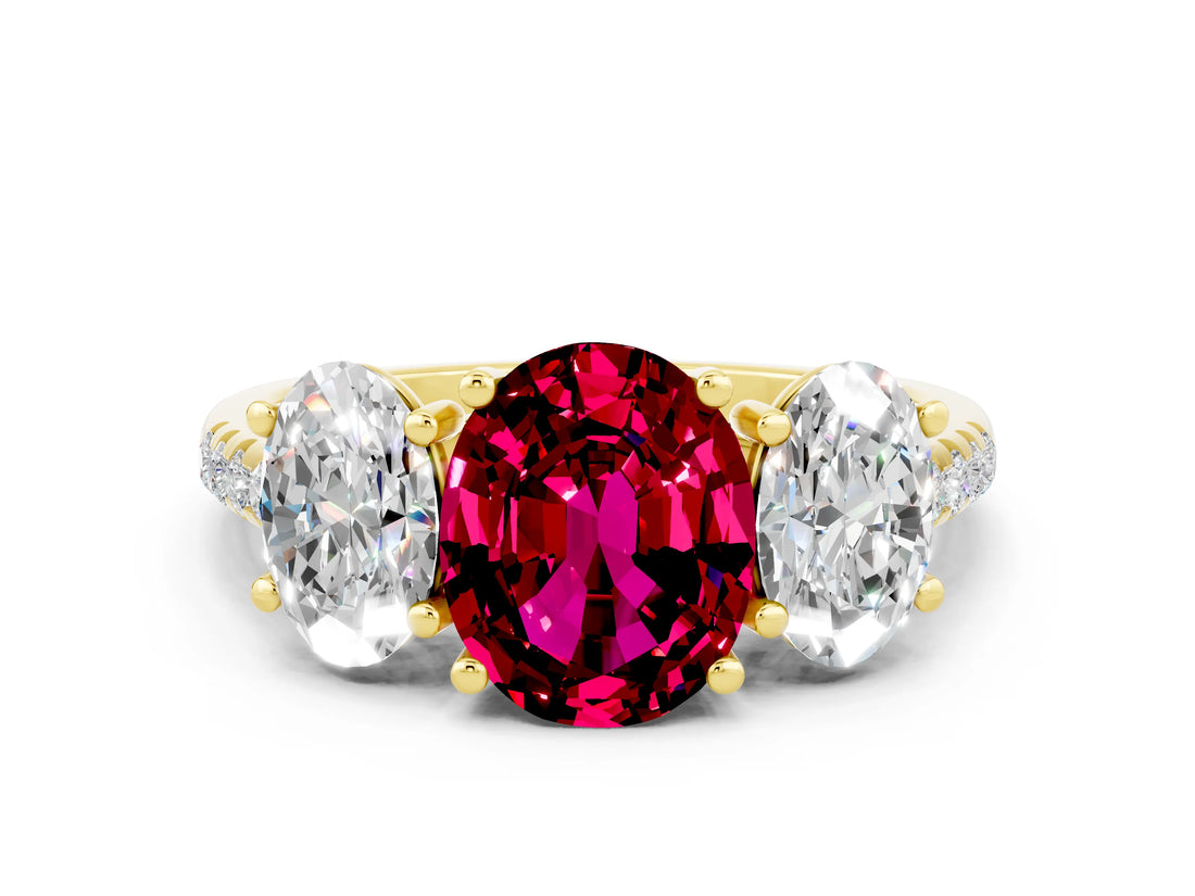 Yellow gold Three-Stone Oval Cut Garnet Ring with Pavé Band and Prong Setting_12