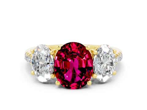 Yellow gold Three-Stone Oval Cut Garnet Ring with Pavé Band and Prong Setting_12