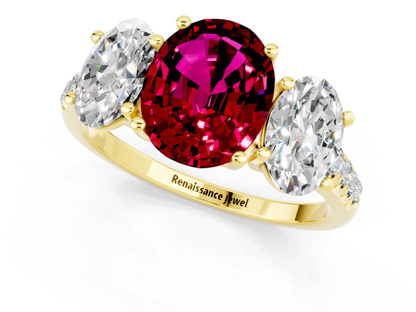 Yellow gold Three-Stone Oval Cut Garnet Ring with Round  Pavé Band and Prong Setting