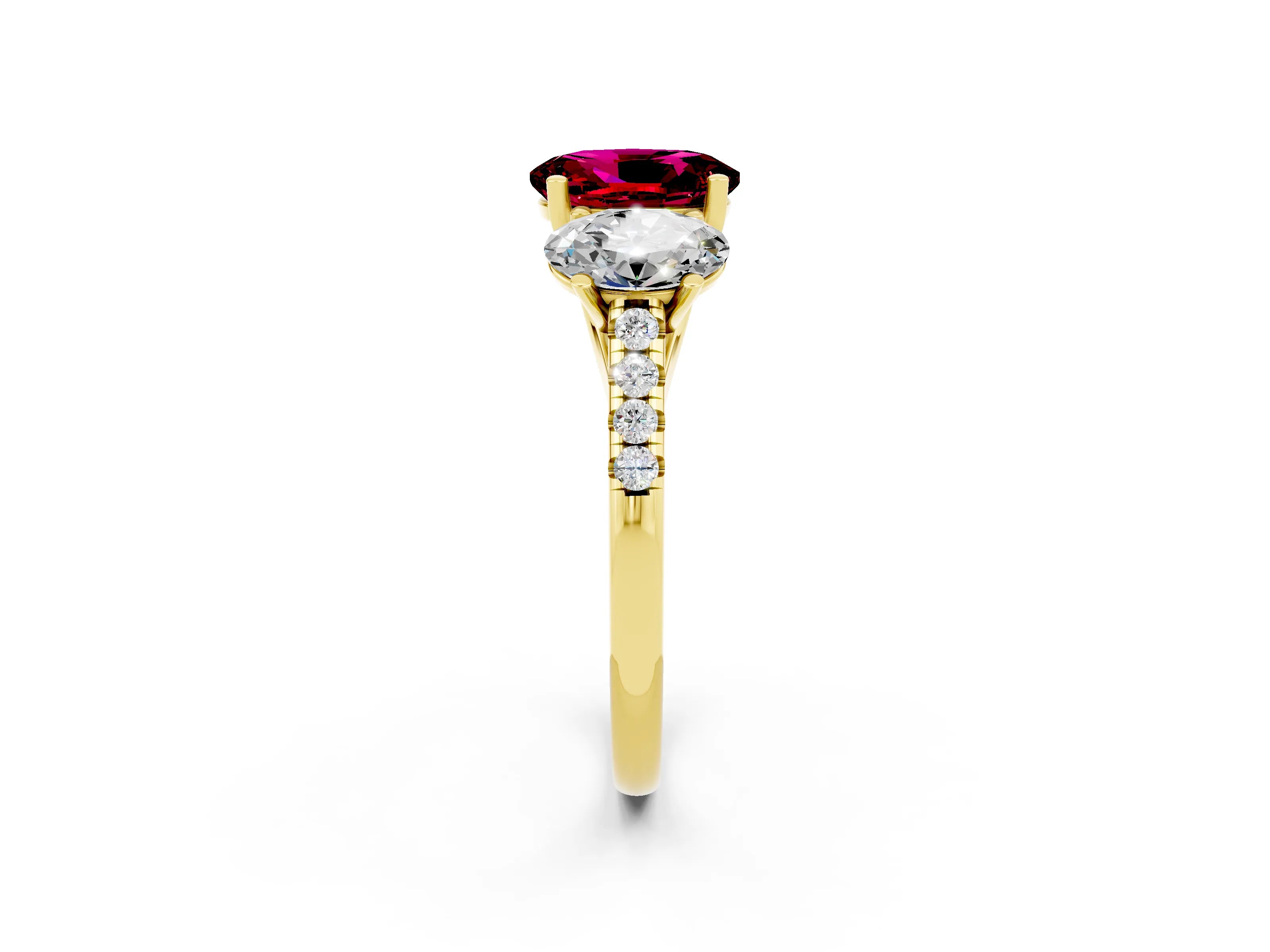 Yellow gold Three-Stone Oval Cut Garnet Ring with Pavé Band and Prong Setting_14