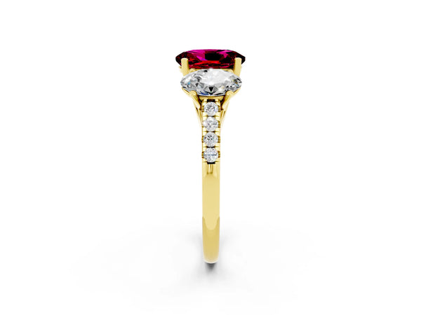 Yellow gold Three-Stone Oval Cut Garnet Ring with Round  Pavé Band and Prong Setting