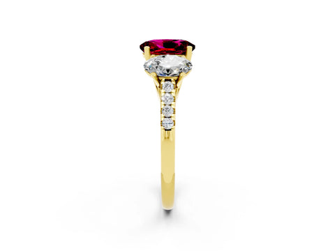 Yellow gold Three-Stone Oval Cut Garnet Ring with Pavé Band and Prong Setting_14
