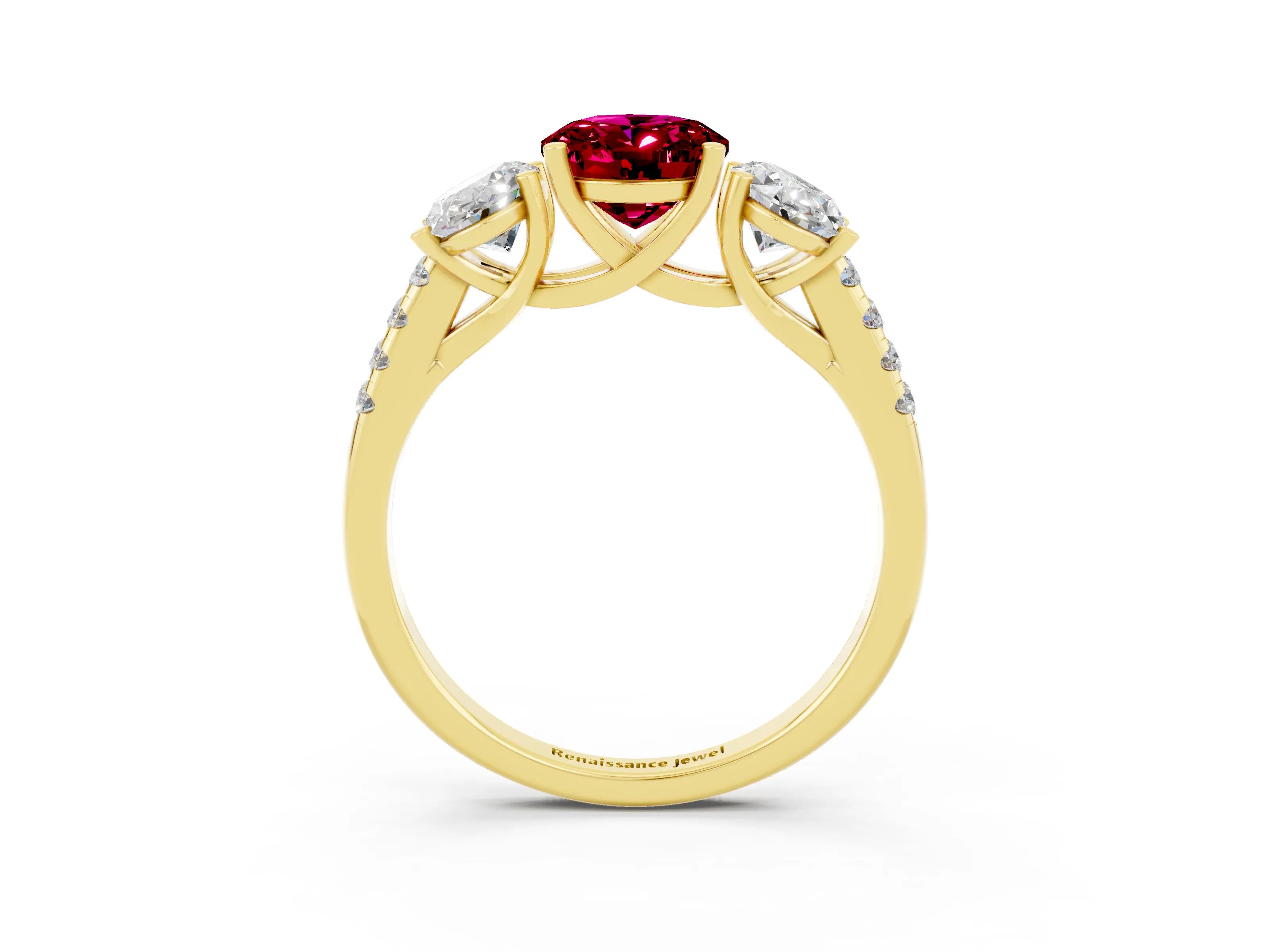 Yellow gold Three-Stone Oval Cut Garnet Ring with Pavé Band and Prong Setting_15