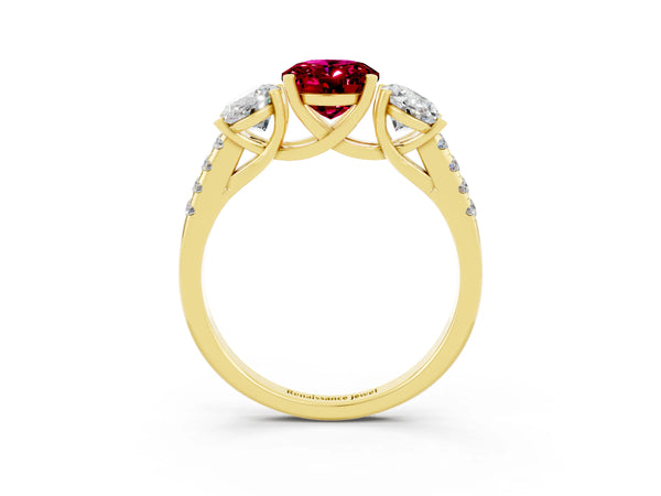 Yellow gold Three-Stone Oval Cut Garnet Ring with Round  Pavé Band and Prong Setting
