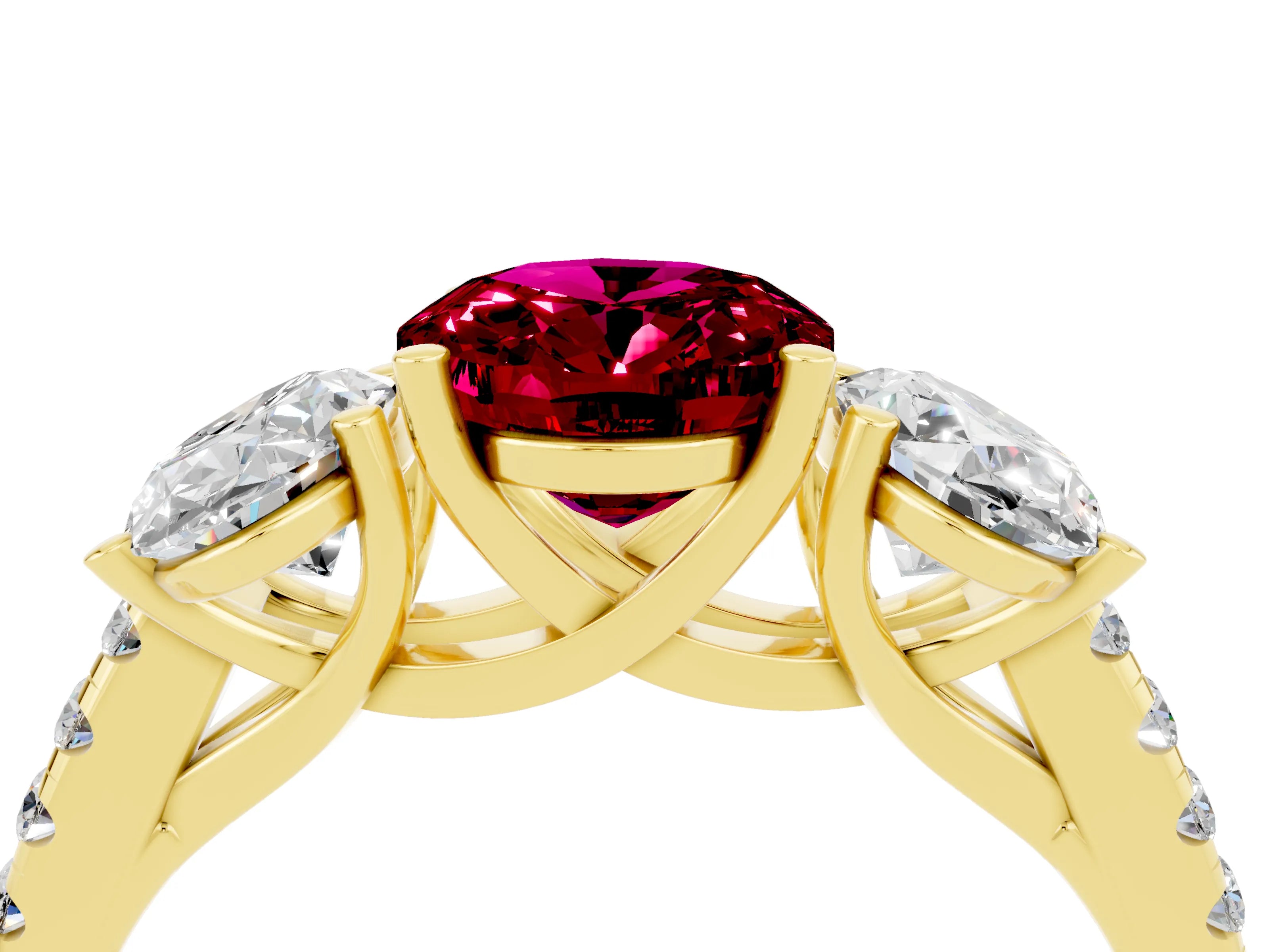 Yellow gold Three-Stone Oval Cut Garnet Ring with Pavé Band and Prong Setting_16