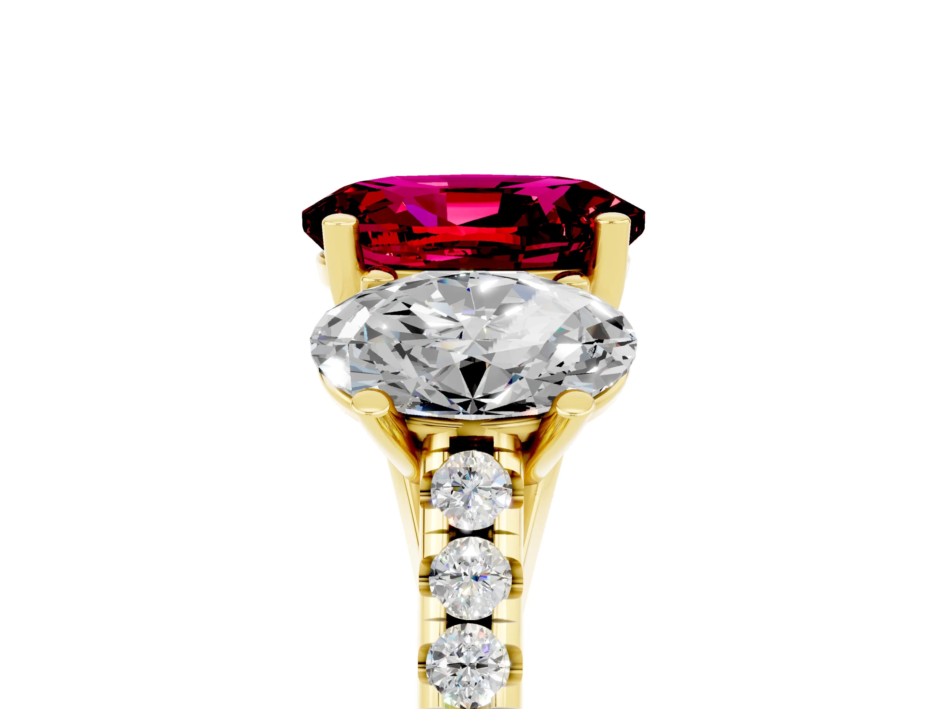 Yellow gold Three-Stone Oval Cut Garnet Ring with Pavé Band and Prong Setting_17