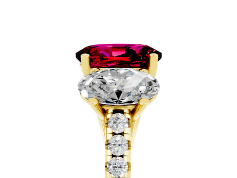 Yellow gold Three-Stone Oval Cut Garnet Ring with Pavé Band and Prong Setting_17