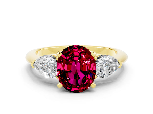 Yellow gold Three-Stone Oval Cut Garnet Ring with Pear Side Stones and Four-Prong Setting